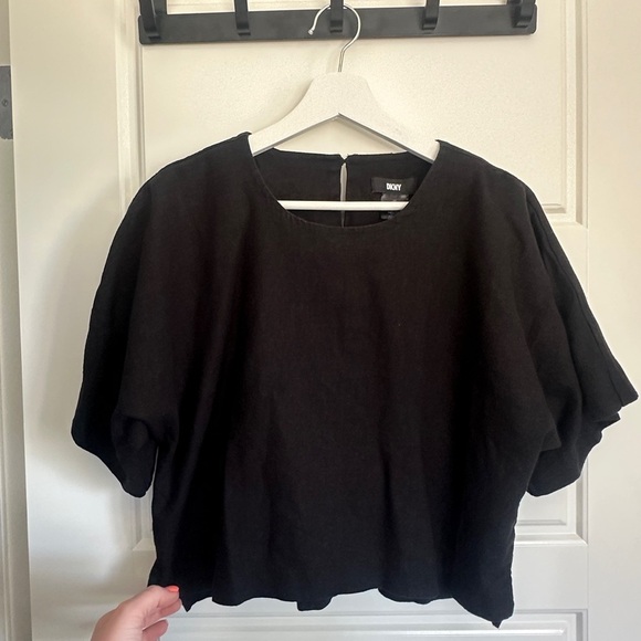 DKNY Black Oversized Boxy Short Sleeve Blouse - Linen - Picture 1 of 4